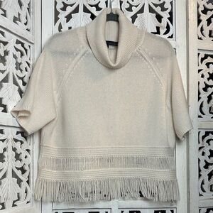 360 Cashmere Cream Fringe Turtleneck Short-Sleeve Sweater